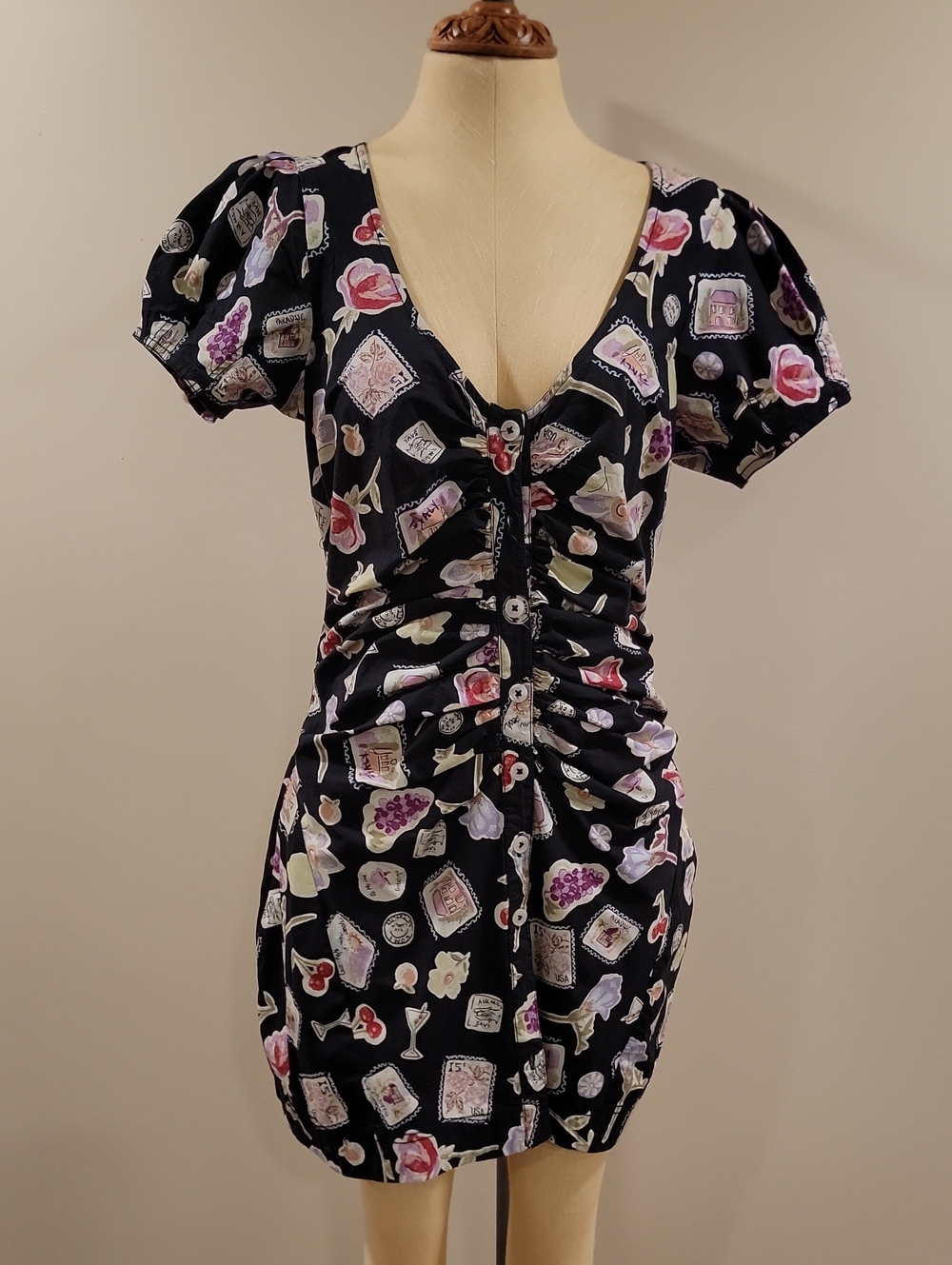 Free People Black Mini Dress with Floral & Stamp Print